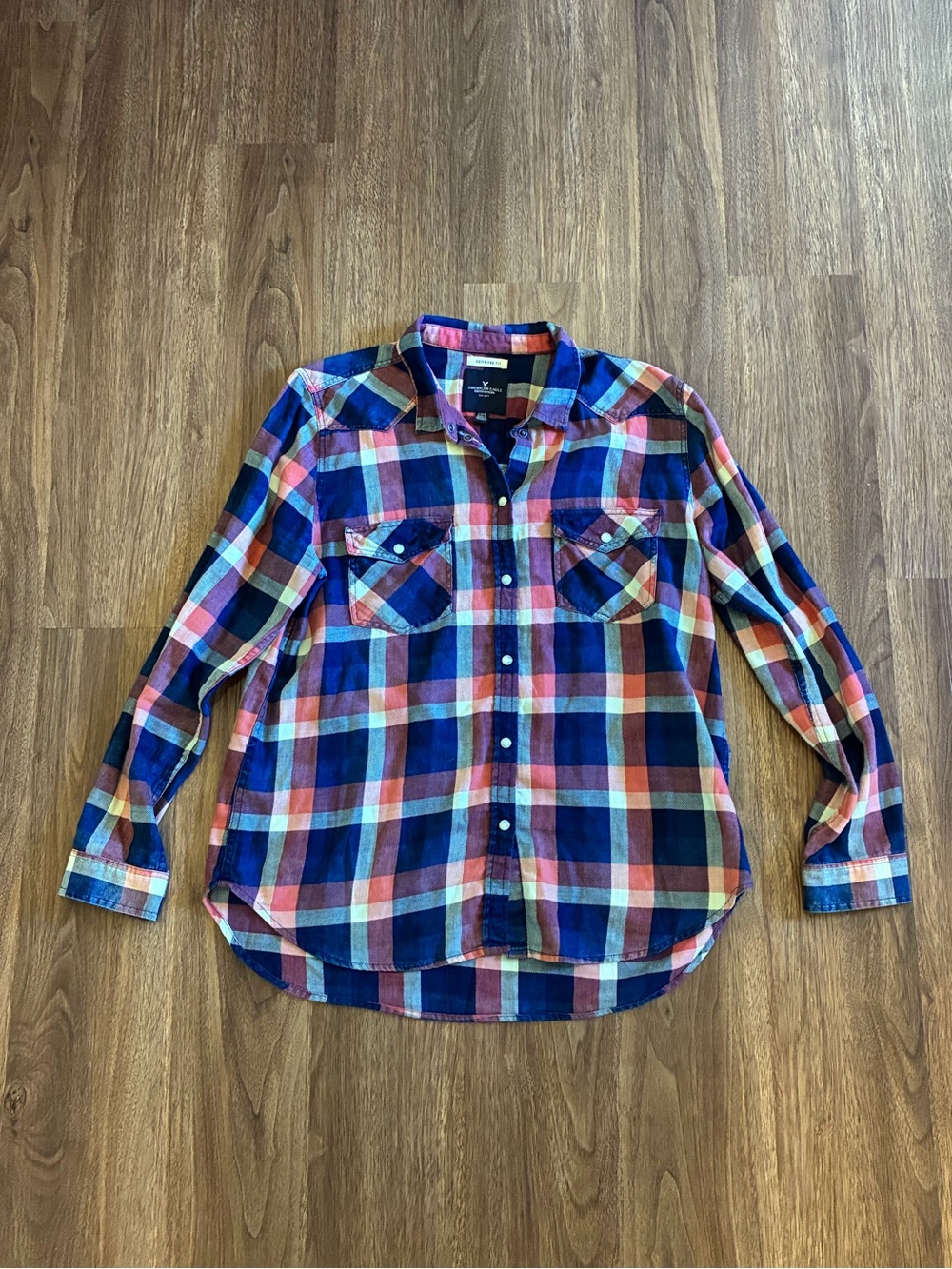 American Eagle Men’s Button Down Shirt Flannel Pearl Snap Blue And Red Size L